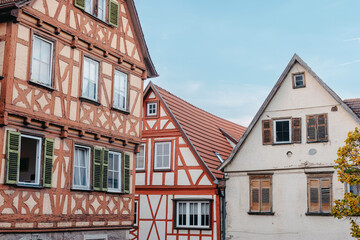 The Old Fachwerk houses in Germany. Scenic view of ancient medieval urban street architecture with half-timbered houses in the Old Town of Germany.