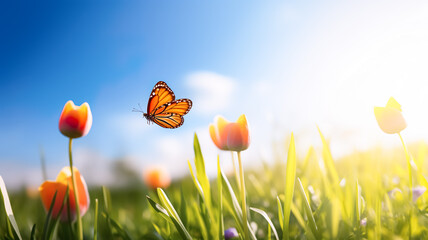 Selective focus.fantasy multicolor tulip flower blooming and butterfly flying in garden with landscape meadow mountain view.nature spring background.generative ai art