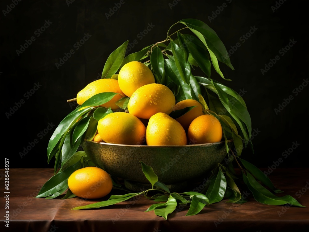 Poster AI generated illustration of fresh yellow lemons with green leaves in a bowl on the wooden table