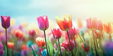 Foto op Canvas Selective focus.closeup of fantasy multicolor tulip flower blooming in garden with landscape meadow mountain view.nature spring background.generative ai art © Limitless Visions