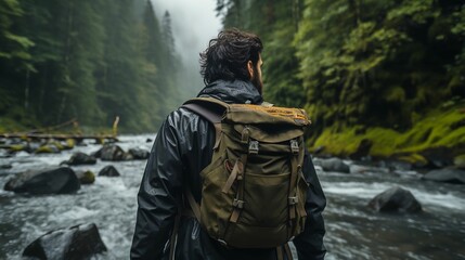 AI generated illustration of a male hiker with a backpack, standing near a river in a forest