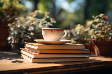 Naklejka na ściany i meble Bookworm's delight: Coffee cup on stack of books, closeup shot. Generative AI