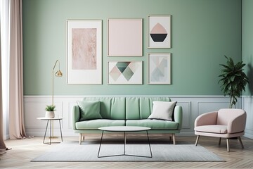 Green living room with sofa and three picture frames. minimalist design idea style in pastel tones. Generative AI