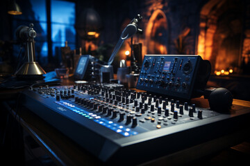 Creative sound studio: Mixing board, mic, instruments, professional setup. Generative AI