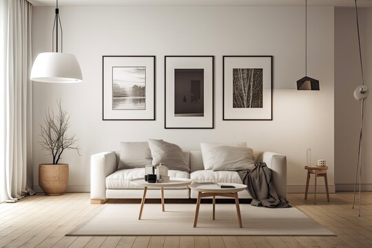 In the inside of a living room with a white leather couch, carpet, floor lamp, and coffee table on hardwood flooring, there are two empty vertical posters on a beige wall. Generative AI