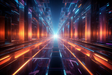 Glowing sci-fi corridor: Abstract 3D wallpaper with reflections. Generative AI