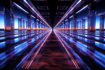 Glowing sci-fi corridor: Abstract 3D wallpaper with reflections. Generative AI