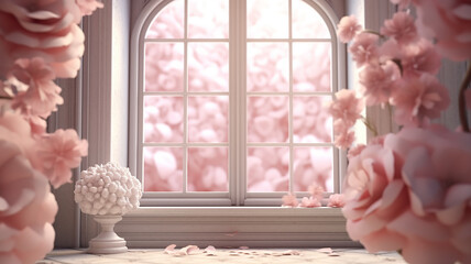 french window in pink tones pastel romantic apartment holiday decoration.