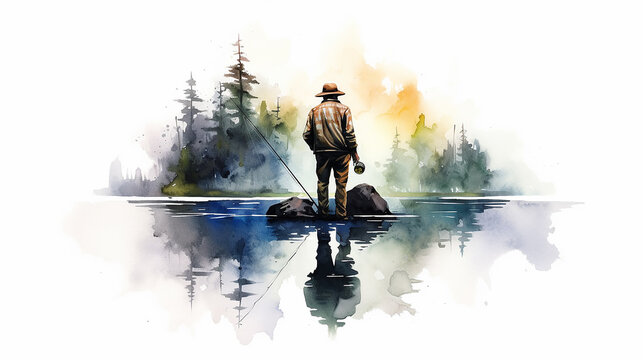 fisherman on a white background watercolor drawing poster.