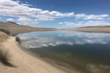 Desert Oasis: Calm and Serene Beauty of a Glassy Lake Amidst Sandy Dunes