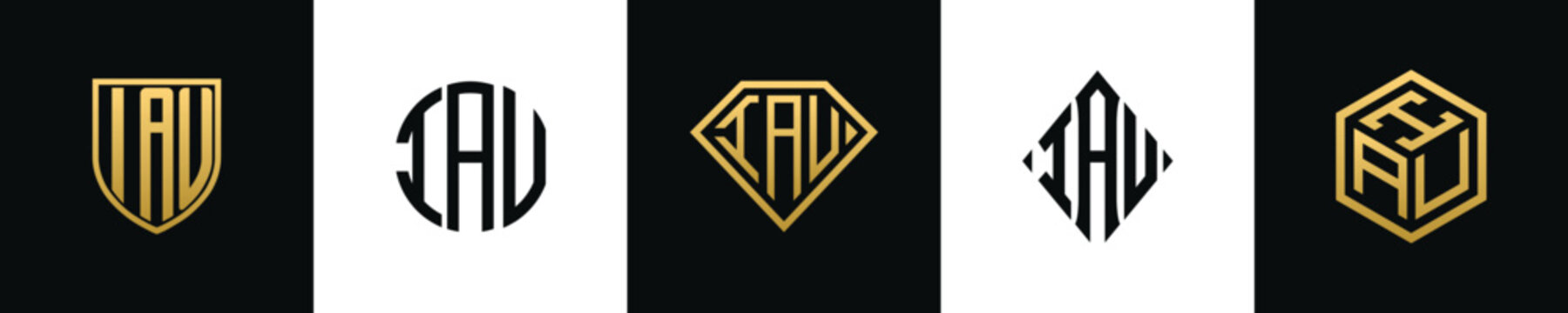 Initial letters IAU logo designs Bundle. This collection incorporated with shield, round, diamond, rectangle and hexagon style logo. Vector template