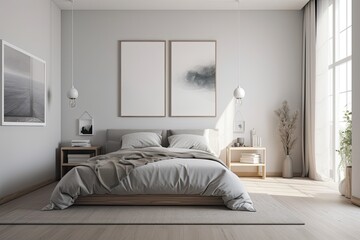 Interior of a bedroom in gray and white, with a white and hardwood floor, a large bed covered in white, and a vertical poster in a frame. an office at home. a mockup. Generative AI