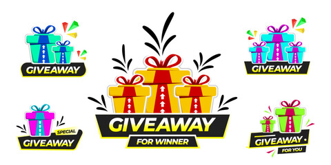 Giveaway For Winner Banner Set element Design Template. With Bright gift boxes