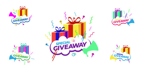 Fototapeta na wymiar Giveaway Banner Set Template Of Gift Boxes And Button. Giveaway Banner Template, Gift Box