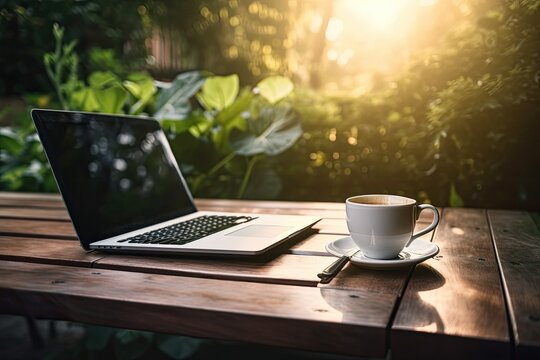 In a lush garden, a laptop and a white coffee cup are placed on a wooden table with lovely, warm lighting. Generative AI