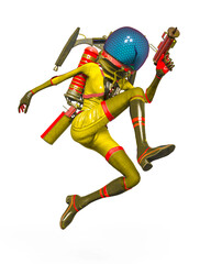 alien girl astronaut is holding a gun and jumping in action