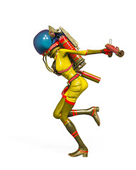 alien girl astronaut is holding a gun and running side view