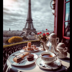Breakfast on the table, view from the window on the Eiffel Tower, Paris.