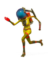 alien girl astronaut is holding a gun and running