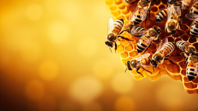 Cute swarm of bees working at bee honeycomb; background with empty space for text   
