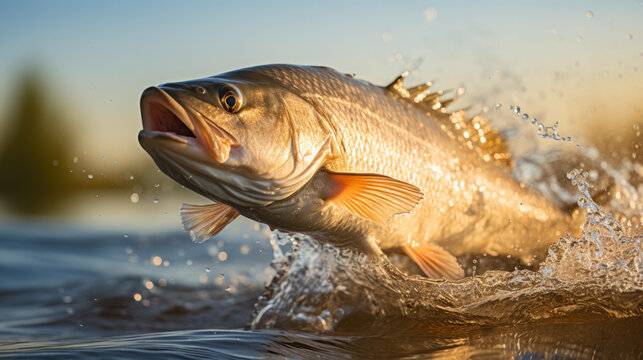 Snook leaping out of the water; background with empty space for text   