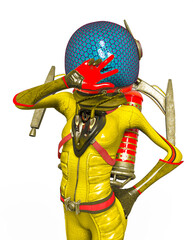 alien girl astronaut is saying hello in peace and love