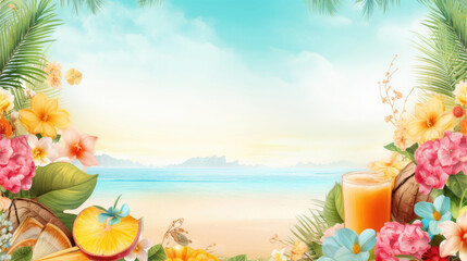 Fototapeta na wymiar Horizontal summer background with tropical drink and flowers and the sea on the background. For banners, flyers, covers and other summer projects.