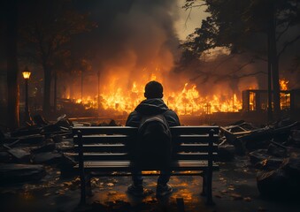 Fire breaks out at a park and there are benches there, in the style of science - fiction - obrazy, fototapety, plakaty