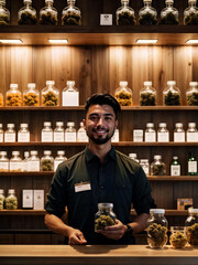 CSC. Budtender in a Cannabis Social Club. Coffeeshop. Cannabis dispensary. Cannabis specialty store. Marijuana store. Health store with natural wood interior. Generative AI.