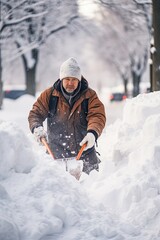 Fototapeta na wymiar Snow removal. Man clearing snow by shovel after snowfall. Outdoors. Generative AI.