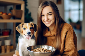 Loving smiling pretty young woman feeding cute dog with healthy dry food at cozy home. Healthy...