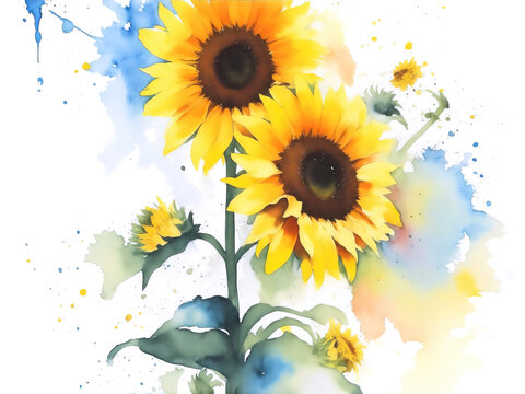 Watercolor sunflowers background, abstract flowers made from watercolor paint splashes.