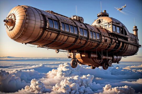 A huge steampunk airship 3d retro technology illustration fantastic wallpaper.
