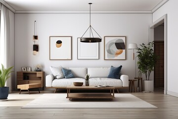 Design for a farmhouse living room with an empty white wall. Generative AI