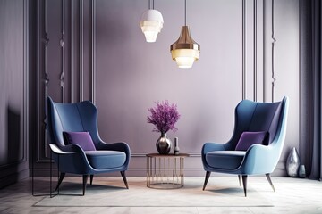 cozily furnished living room or lobby. Armchairs with a very intense gamma glow. Mockup with modern furniture and a blank white wall background. posh interior design environment. Generative AI