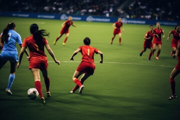 Woman soccer player wearing in uniform battle action in soccer stadium, Generative Ai content.