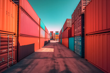 Fototapeta premium massive container ships lined up at an industrial port, their decks filled with neatly arranged cargo containers, representing the interconnectedness of global commerce. generative AI.