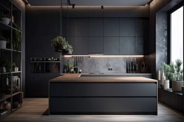 Interior of a contemporary kitchen with dark gray walls, contemporary counters, and an integrated cooker and sink. Wall mounted poster a mockup. Generative AI