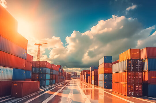 massive container ships lined up at an industrial port, their decks filled with neatly arranged cargo containers, representing the interconnectedness of global commerce. generative AI.