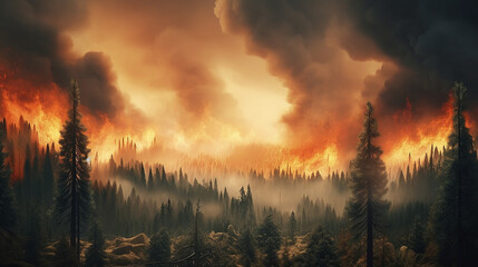 forest fire landscape global warming catastrophe apocalypse nature. climate change. Generative AI