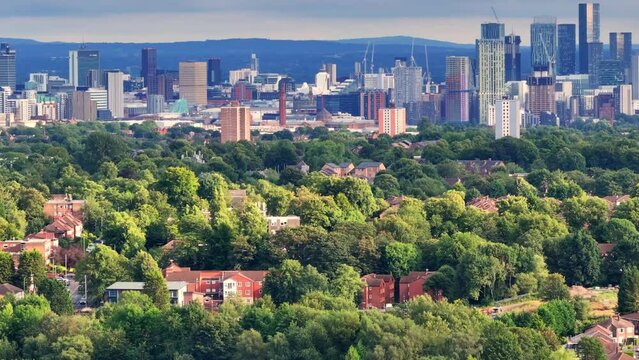 Aerial photo of Manchester Skyline photographed from Heaton Park
