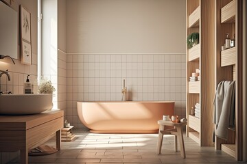 Fototapeta na wymiar Interior of a bathroom in the sun with a bathtub, a chair, and body care items in a wall niche. Interior minimalism design idea. Mockup. Toned picture. Generative AI