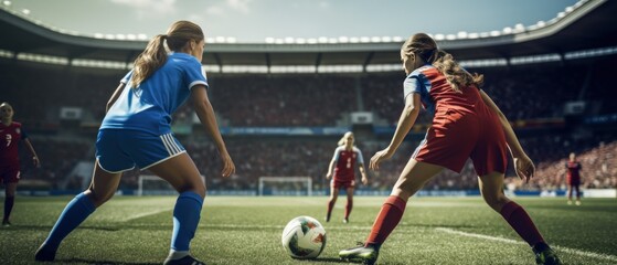 Woman soccer player wearing in uniform battle action in soccer stadium, Generative Ai content.