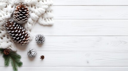 Fototapeta na wymiar pine cones and a knitted blanket on a white surface