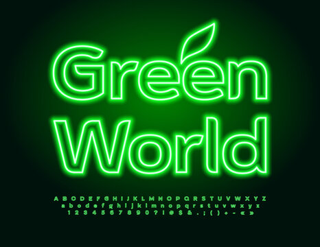 Vector eco concept Green World. Elegant Neon Font. Bright Electric Alphabet Letters and Numbers set