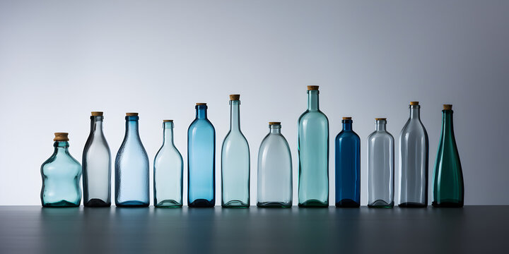 bouteilles en verre vides align&eacute;es sur un fond gris bleu