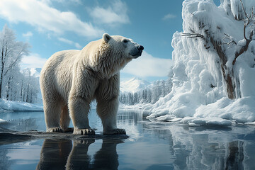 Polar bear on melting ice floe in arctic sea. Generative AI - obrazy, fototapety, plakaty