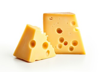 Close up of delicious fresh cut cheese product on white background