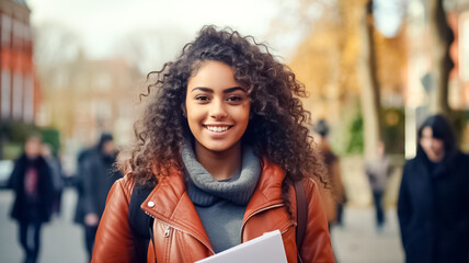 Portrait of a beautiful African American female college student smiling carries papers and notepad and looking at camera with friends on outdoor university background.