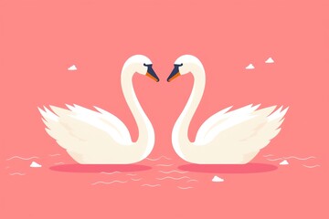 two swans in water with pink background